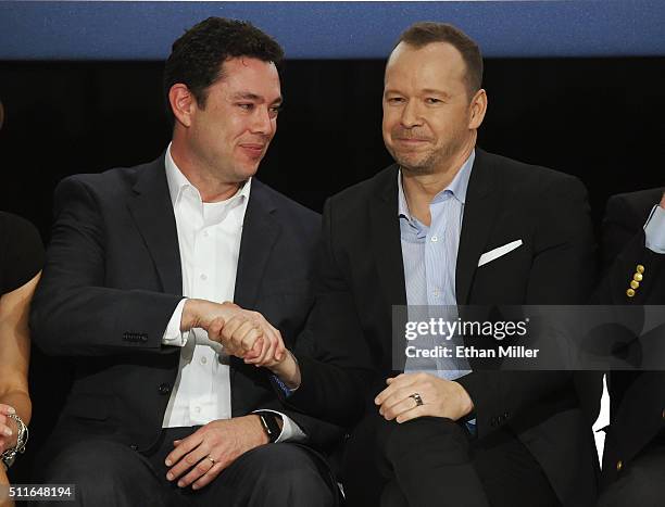 Rep. Jason Chaffetz and singer/actor Donnie Wahlberg shake hands as they attend a rally for Republican presidential candidate Sen. Marco Rubio at the...