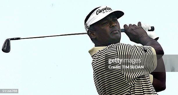 Vijay Singh of Fiji tees off on the 3rd hole the second round of the 86th PGA Championship at Whistling Straits Golf Course 13 August, 2004 in...