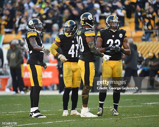 Pittsburgh Steelers defensive backs including cornerback William Gay, cornerback Antwon Blake. Safety Will Allen and safety Mike Mitchell look on...