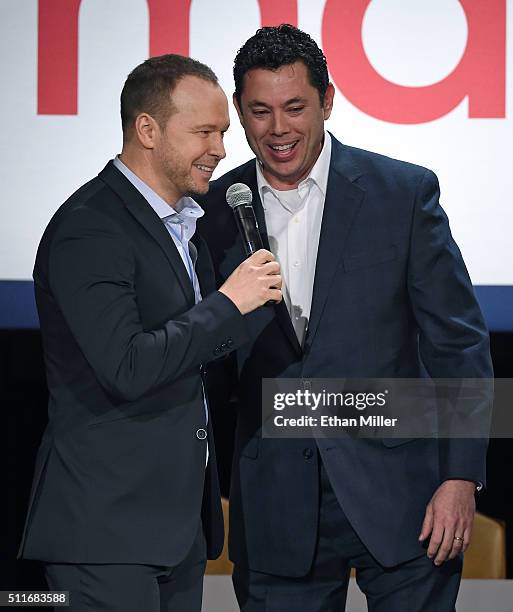 Singer/actor Donnie Wahlberg and U.S. Rep. Jason Chaffetz attend a rally for Republican presidential candidate Sen. Marco Rubio at the Texas Station...