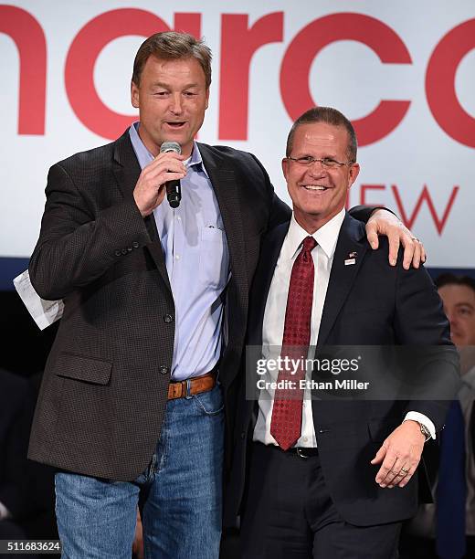 Sen. Dean Heller and Nevada Lt. Gov. Mark Hutchison speak during a rally for Republican presidential candidate Sen. Marco Rubio at a rally at the...