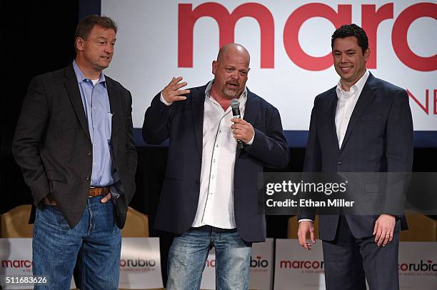 Sen. Dean Heller , Rick Harrison from History's "Pawn Stars" television series and U.S. Rep. Jason Chaffetz attend a rally for Republican...