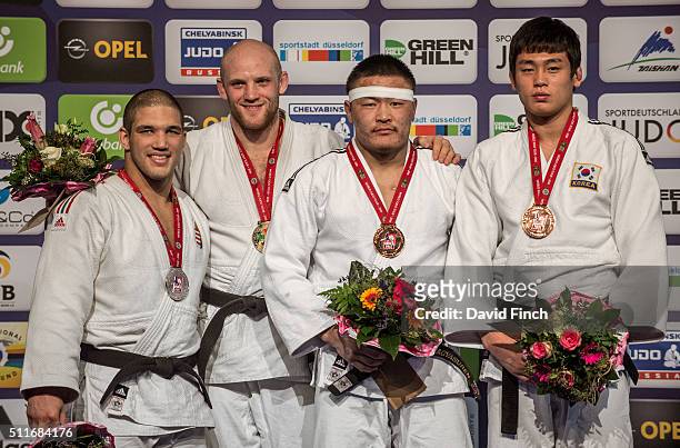 Under 90kg medallists L-R: Silver; Krisztian Toth of Hungary, Gold; Marcus Nyman of Sweden, Bronzes; Otgonbaatar Lkhagvasuren of Mongolia and Jae Yun...