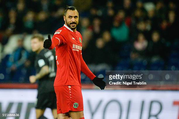 Hugo Almeida of Hannover reacts during the Bundesliga match between Hannover 96 and FC Augsburg at HDI-Arena on February 21, 2016 in Hanover, Germany.