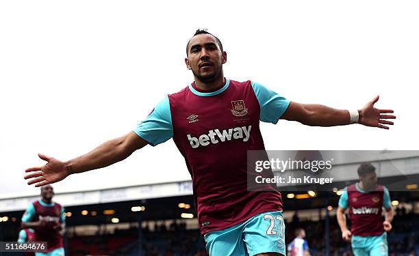 Dimitri Payet of West Ham United celebrates after scoring his team's fifth goal during the Emirates FA Cup fifth round match between Blackburn Rovers...