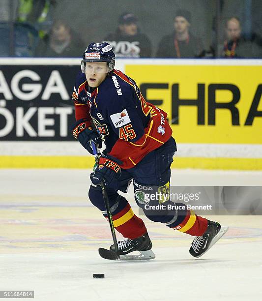 Alexander Falk of Djurgarden Hockey skates against Linkoping HC at Hovet Arena on February 18, 2016 in Stockholm, Sweden.