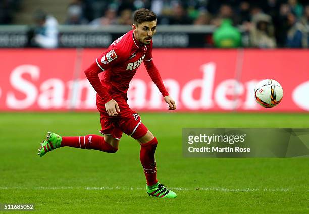Filip Mladenovic of Koeln runs with the ball during the Bundesliga match between Borussia Moenchengladbach and 1. FC Koeln at Borussia-Park on on...