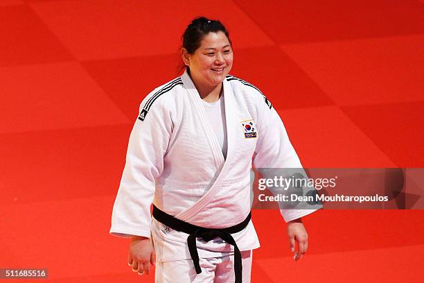 Jiyoun Kim of South Korea smiles after winning the bronze medal in the Womens +78kg during the Dusseldorf Judo Grand Prix held at Mitsubishi Electric...