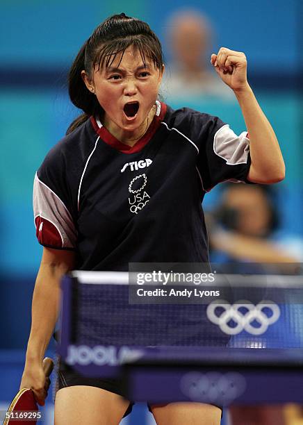 Tawny Banh of the United States celebrates during her victory over Ji Hye Yoon of Korea during the women's singles table tennis match on August 14,...