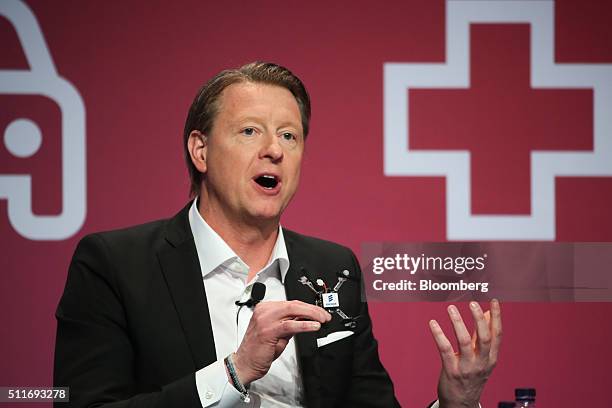 Hans Vestberg, chief executive officer of Ericsson AB, holds a quadcopter powered by an Ericsson chip at the Mobile World Congress in Barcelona,...