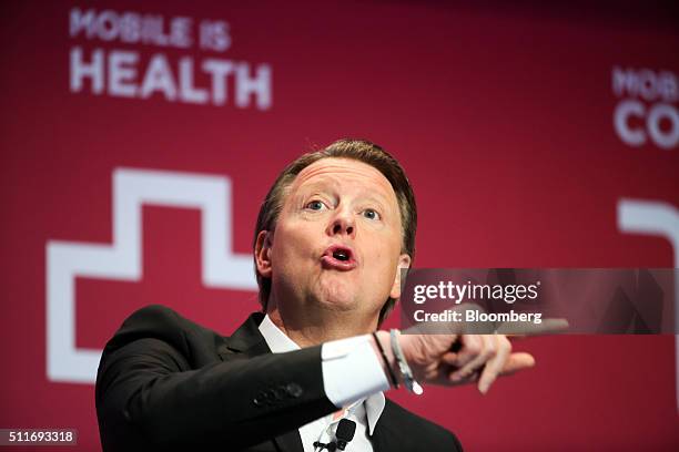 Hans Vestberg, chief executive officer of Ericsson AB, gestures as he speaks during a keynote session at the Mobile World Congress in Barcelona,...