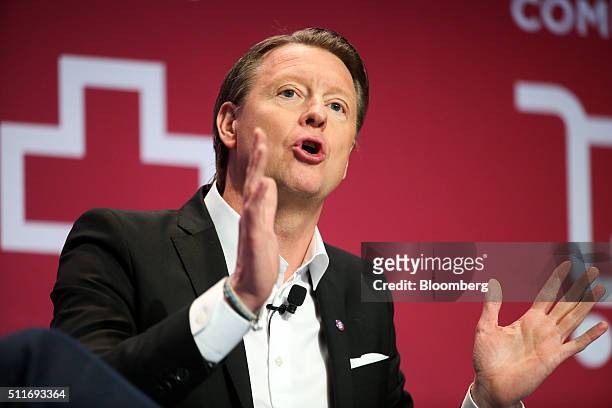 Hans Vestberg, chief executive officer of Ericsson AB, gestures as he speaks during a keynote session at the Mobile World Congress in Barcelona,...