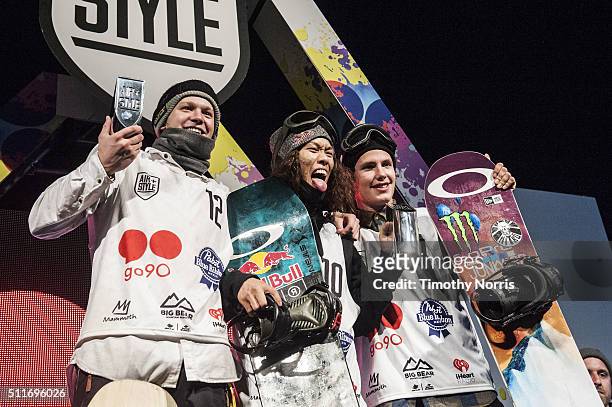 Snowboarders Kyle Mack, Yuki Kadono and Sven Thorgren on the Air + Style LA winners podium at Exposition Park on February 21, 2016 in Los Angeles,...