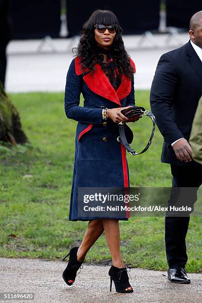 Naomi Campbell seen arriving at the A/W 16 Burberry Catwalk Show at Kensington Gardens on February 22, 2016 in London, England.