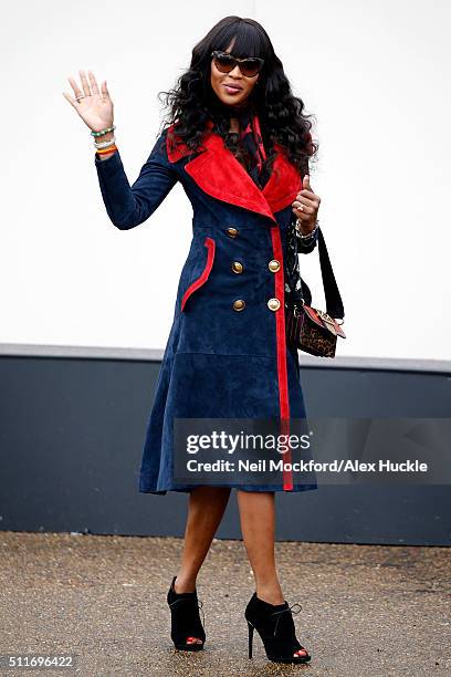 Naomi Campbell seen arriving at the A/W 16 Burberry Catwalk Show at Kensington Gardens on February 22, 2016 in London, England.