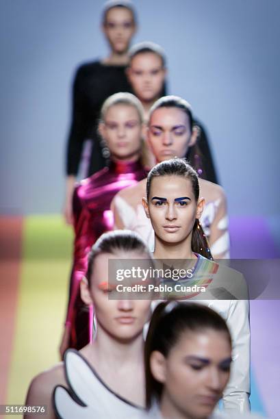 Models walk the runway at the Maria Escote show during the Mercedes-Benz Madrid Fashion Week Autumn/Winter 2016/2017 at Ifema on February 22, 2016 in...