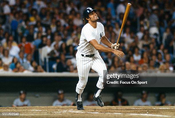 Lou Piniella of the New York Yankees bats against the Baltimore Orioles during a Major League Baseball game circa 1976 at Yankee Stadium in the Bronx...