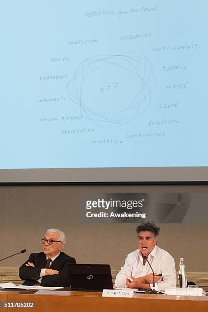 Paolo Baratta, president of Venice Biennale, and Alejandro Aravena, curator, attend at the conference presentation of the 15th edition of Biennale...