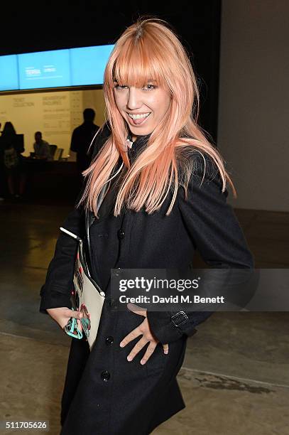 Amber Le Bon attends the Christopher Kane show during London Fashion Week Autumn/Winter 2016/17 at Tate Modern on February 22, 2016 in London,...