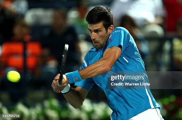 Novak Djokovic of Serbia in action against Tommy Robredo of Spain during day two of the ATP Dubai Duty Free Tennis Championship at the Dubai Duty...