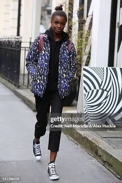 Leomie Anderson seen in Converse trainers arriving at the BFC Show space for the Ashish catwalk show on February 22, 2016 in London, England.