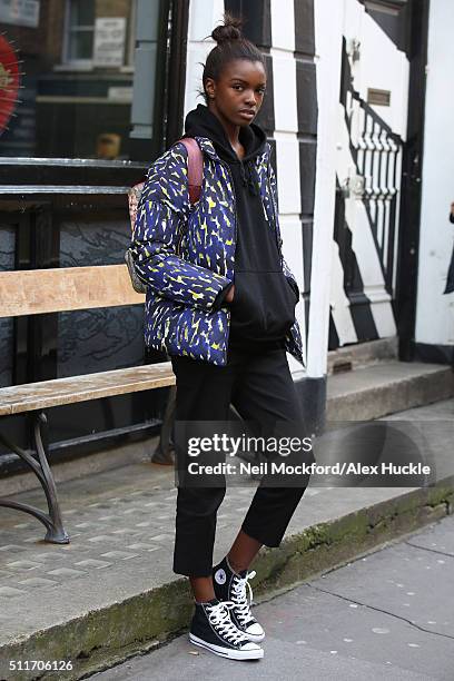 Leomie Anderson seen in Converse trainers arriving at the BFC Show space for the Ashish catwalk show on February 22, 2016 in London, England.