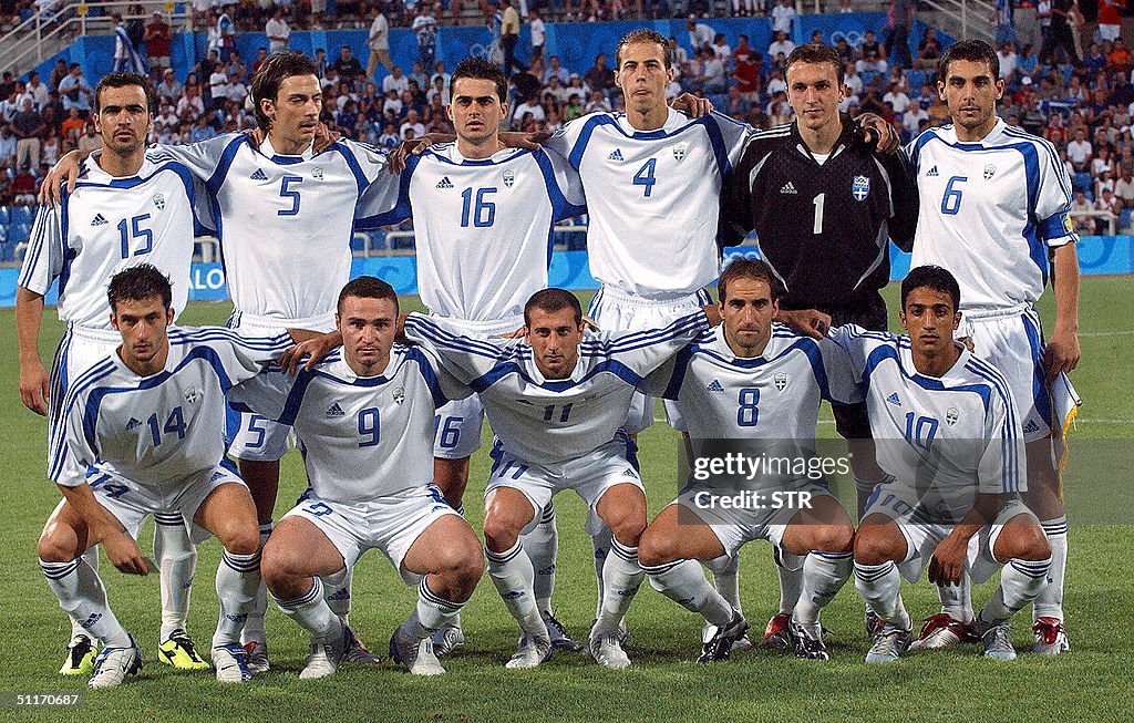 The Greek men's Olympic soccer team poses at Kaftanzoglio Stadium in