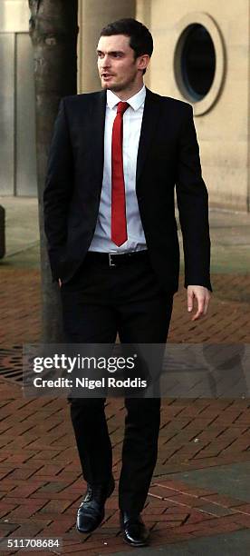 Footballer Adam Johnson leaves Bradford Crown Court on day seven of the trial where he is facing child sexual assault charges on February 22, 2016 in...