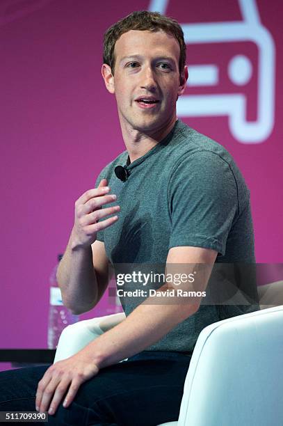 Founder and CEO of Facebook Mark Zuckerberg delivers his keynote conference on the opening day of the World Mobile Congress at the Fira Gran Via...