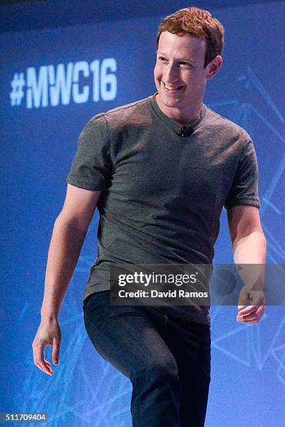 Founder and CEO of Facebook Mark Zuckerberg looks on as he arrives for a keynote conference on the opening day of the World Mobile Congress at the...