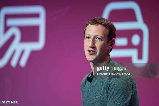 Founder and CEO of Facebook Mark Zuckerberg delivers his keynote conference on the opening day of the World Mobile Congress at the Fira Gran Via...