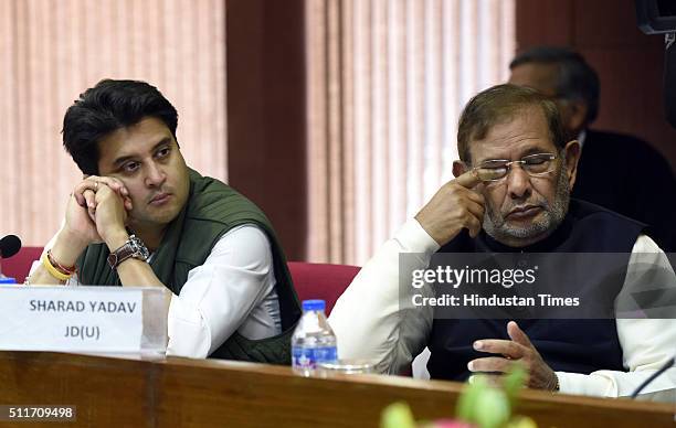 Leader Sharad Yadav and Congress leader Jyotiraditya Scindia at all party meeting called by Parliamentary Affairs Minister M. Venkaiah Naidu on the...