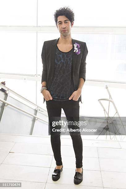 Pelayo Santos wears Glent shoes, H&M pants, Asos shirt and Zara Jacket during Mercedes Benz Fashion Week at Ifema on February 19, 2016 in Madrid,...