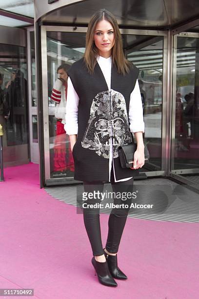 Helen Lindes wears Guess boots, Guess Handbag, Alvarno pants, Alvarano Jacket and Alvarno shirt during Mercedes Benz Fashion Week at Ifema on...