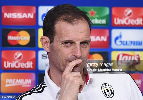 Head Coach Massimiliano Allegri talks during the Juventus press conference ahead of the UEFA Champions League match against Bayern Muenchen at...