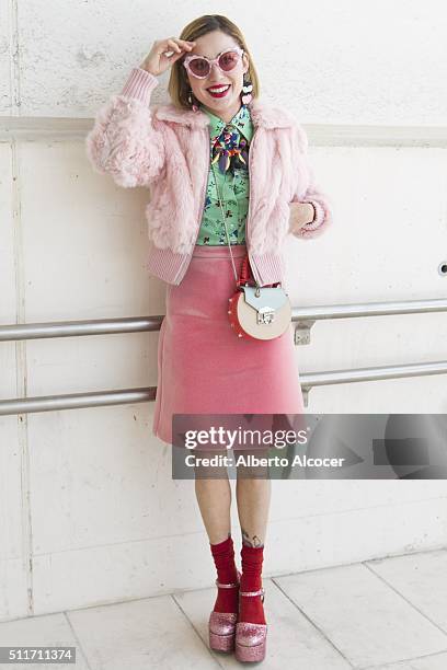 Miranda Makaroff wears Chiara Ferragni shoes, Topshop skirt, Vintage shirt, Vintage Jacket, Salar Milano handbag, Opening Ceremony sunglasses and...