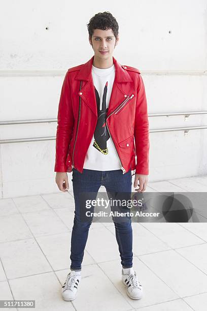 Eduardo Casanova wears total look of Maria Escote and Adidas shoes during Mercedes Benz Fashion Week at Ifema on February 19, 2016 in Madrid, Spain.