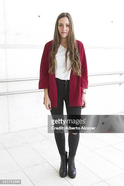 Rocio Muniz wears Zara shoes, Zara pants, Zara jacket and Lefties t-shirt during Mercedes Benz Fashion Week at Ifema on February 19, 2016 in Madrid,...