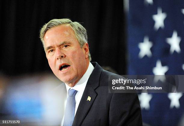 Jeb Bush reacts as he announces the suspension of his presidential campaign at an election night party at the Hilton Columbia Center in Columbia, SC...