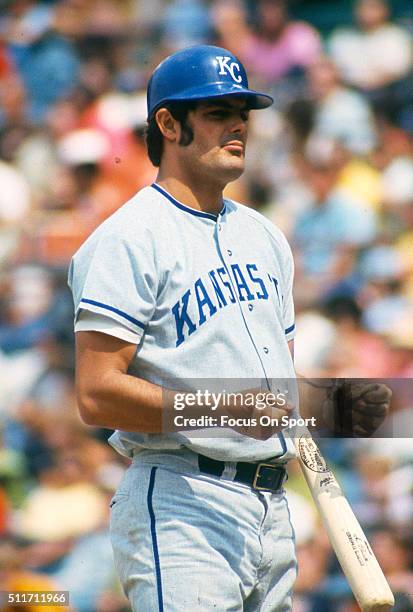 Lou Piniella of the Kansas City Royals looks on against the Baltimore Orioles during a Major League Baseball game circa 1970 at Memorial Stadium in...