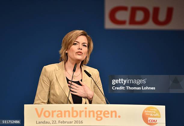 Lead candidate for Rhineland-Palatinate Julia Kloeckner speaks at an election campaign rally on February 22, 2016 in Landau in der Pfalz, Germany....