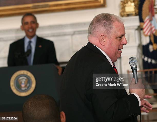 Governor Larry Hogan , asks a question to US President Barack Obama during a meeting with members of the National Governors Association, in the State...