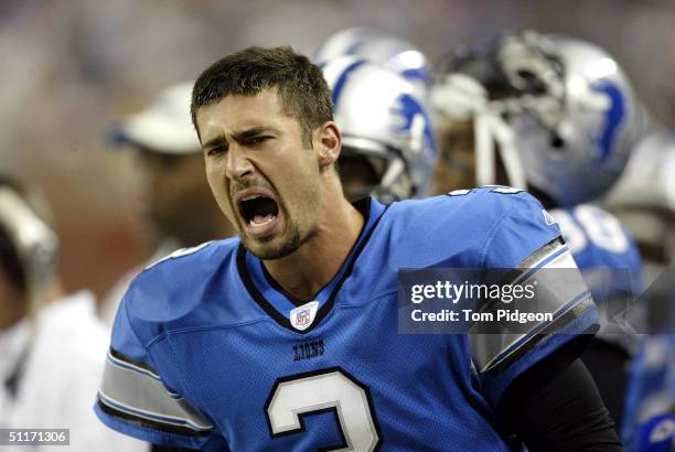 Quarterback Joey Harrington of the Detroit Lions yells support from the sidelines during the first quarter against the Pittsburgh Steelers on August...