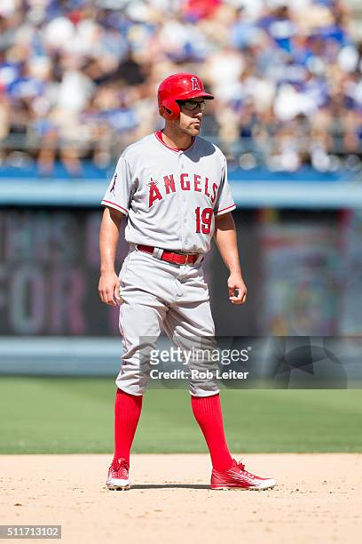 David Murphy of the Los Angeles Angels leads off second base during the game against the Los Angeles Dodgers at Dodger Stadium on Sunday, August 1,...