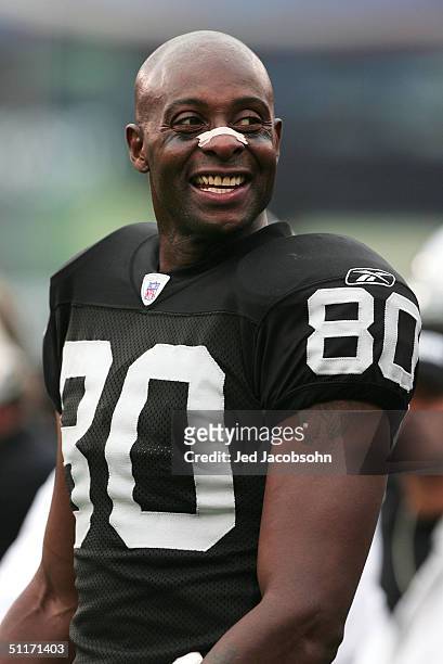 Jerry Rice of the Oakland Raiders looks on against the San Francisco 49ers during a pre-season game on August 14, 2004 at 3Com Park in San Francisco,...