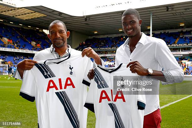 West Indies Cricket Coach Phil Simmonds and Captain Jason Holder pose prior to the Emirates FA Cup Fifth Round match between Tottenham Hotspur and...