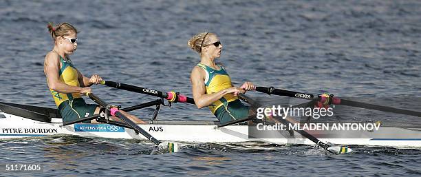 Australian Sally Newmarch and Amber Halliday in action during the Women's Lightweight Double Sculls Heat 3 at the Schinias Rowing and Canoeing...