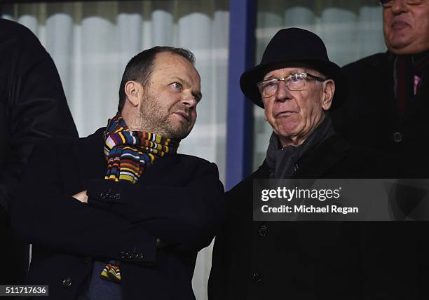 Ed Woodward executive vice-chairman of Manchester United and Sir Bobby Charlton in discussion prior to the Emirates FA Cup fifth round match between...