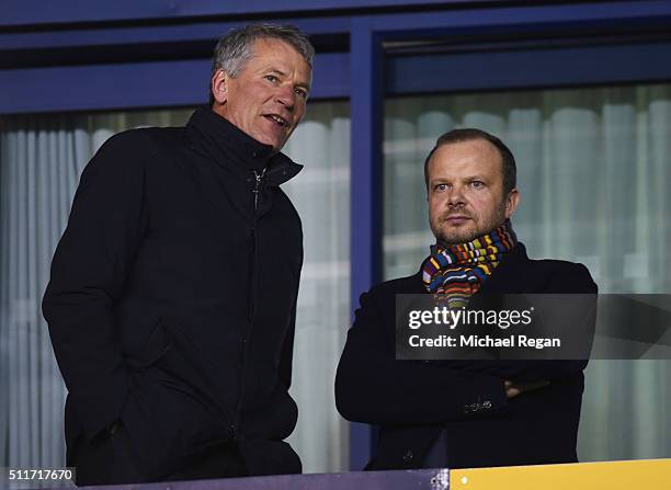 Ed Woodward executive vice-chairman of Manchester United and David Gill in discussion prior to the Emirates FA Cup fifth round match between...