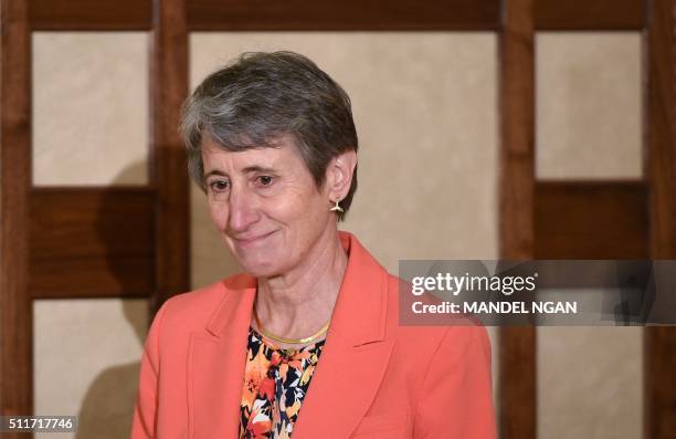 Secretary of the Interior Sally Jewell is seen before an address by US President Barack Obama to the National Governors Association on February 22,...